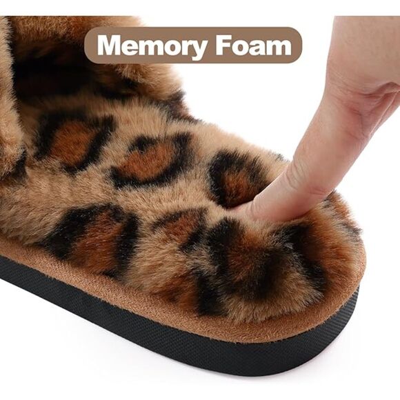 Women's Fuzzy Slippers Cross Band Leopard Brown Memory Foam House Slippers - Picture 5 of 5